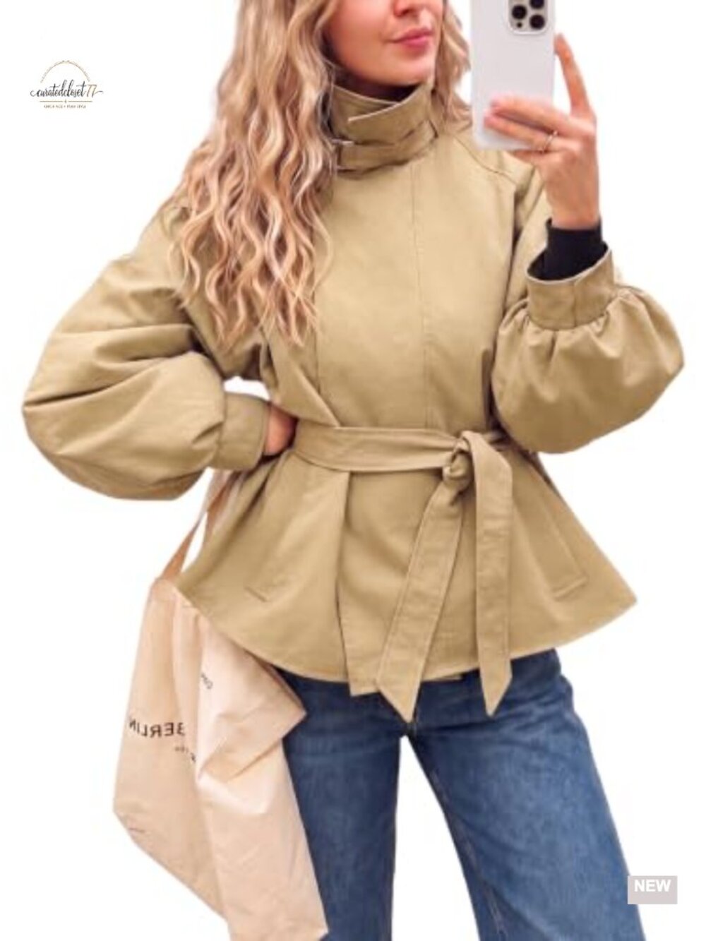 Womens Cropped Trench Coat Lightweight Oversized Lantern Sleeve